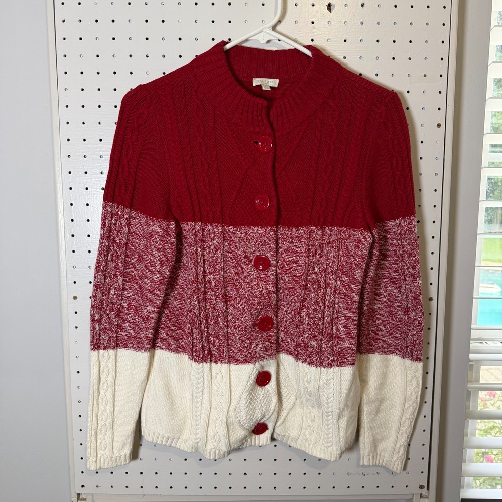 Talbots Cardigan Women's Size Small Red White Cable‎ Knit Long Sleeve Sweater